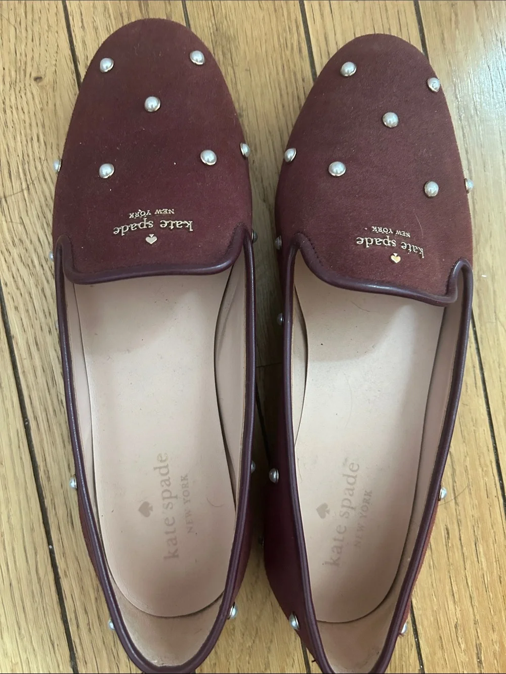 kate spade Burgundy Suede Pearl-Stud Loafers